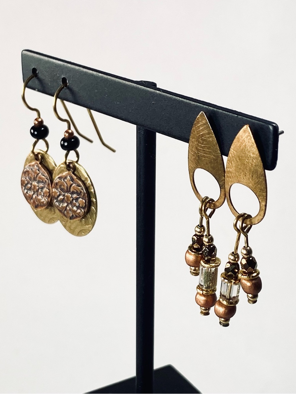2 Handcrafted Artisan Gold Brass Copper Tone Mixed Metal Dangle Stud Earrings
